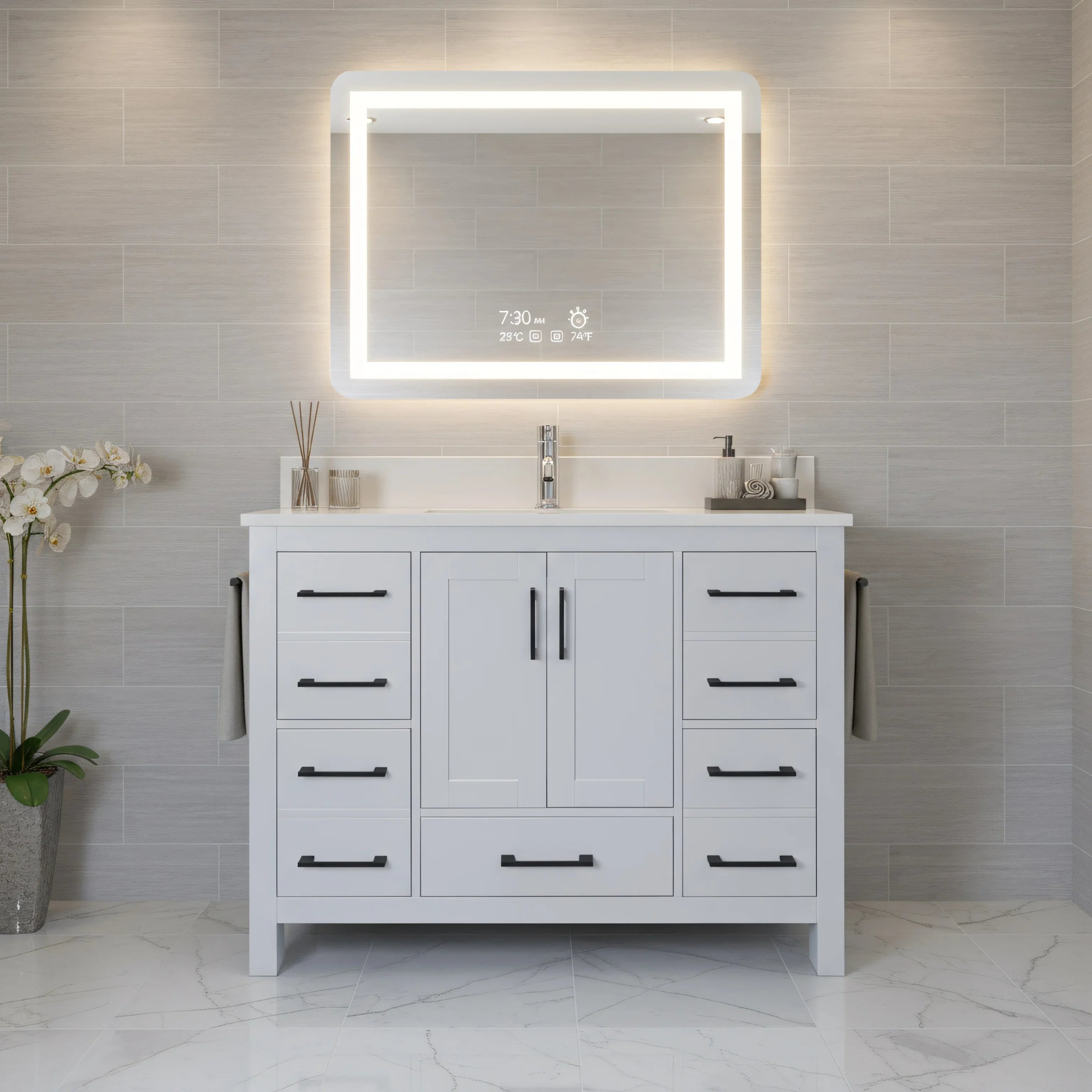 Meuble Lavabo Autoportant Hampton Gris 42po avec Comptoir en Marbre Calcutta