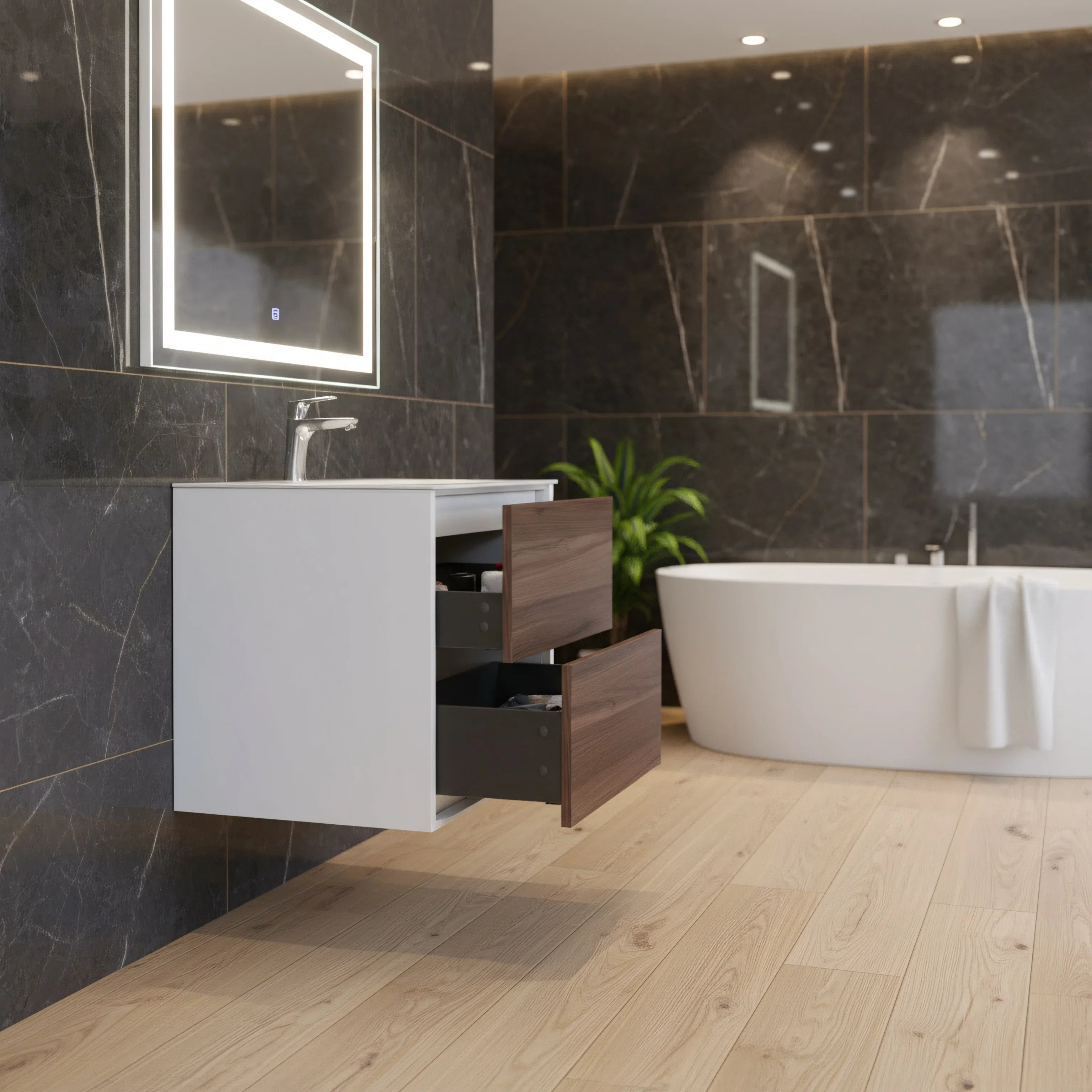 Meuble-lavabo mural en noyer 30" avec Comptoir en polymarbre blanc