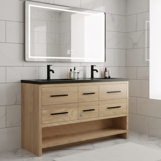 Meuble-Lavabo Autoportant 60po Chêne Brut avec Comptoir de Quartz d'ingénierie Noir