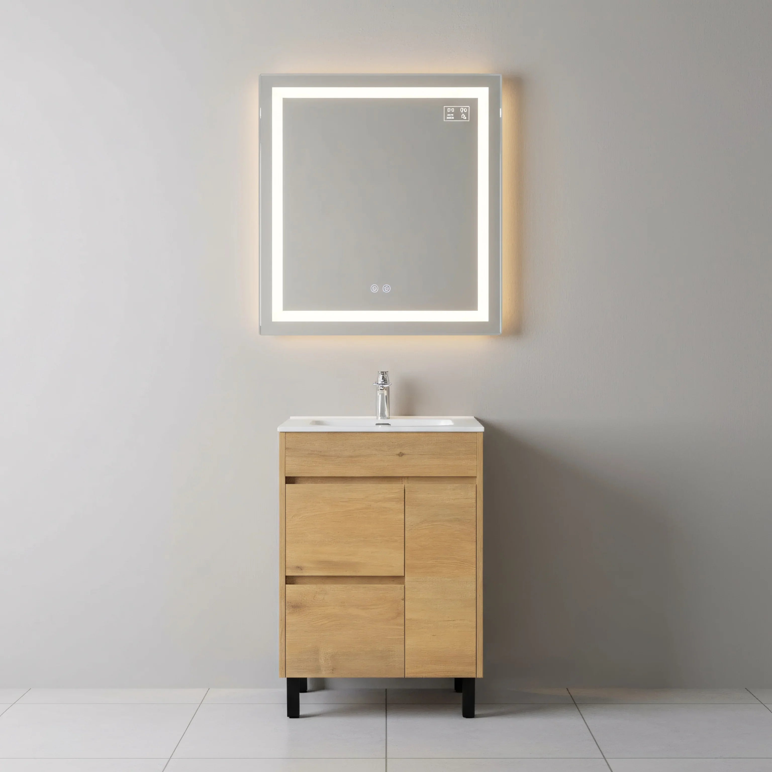 Meuble-Lavabo Autoportant 24po Chêne Givré avec Comptoir de Céramique Blanc