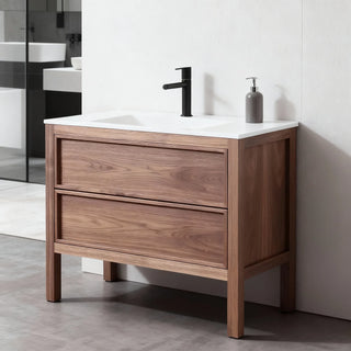 42" Natural Walnut Freestanding Bathroom Vanity with White Solid Surface Countertop