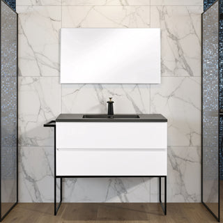 40" White Wall Mount Bathroom Vanity with Black Engineered Quartz Countertop