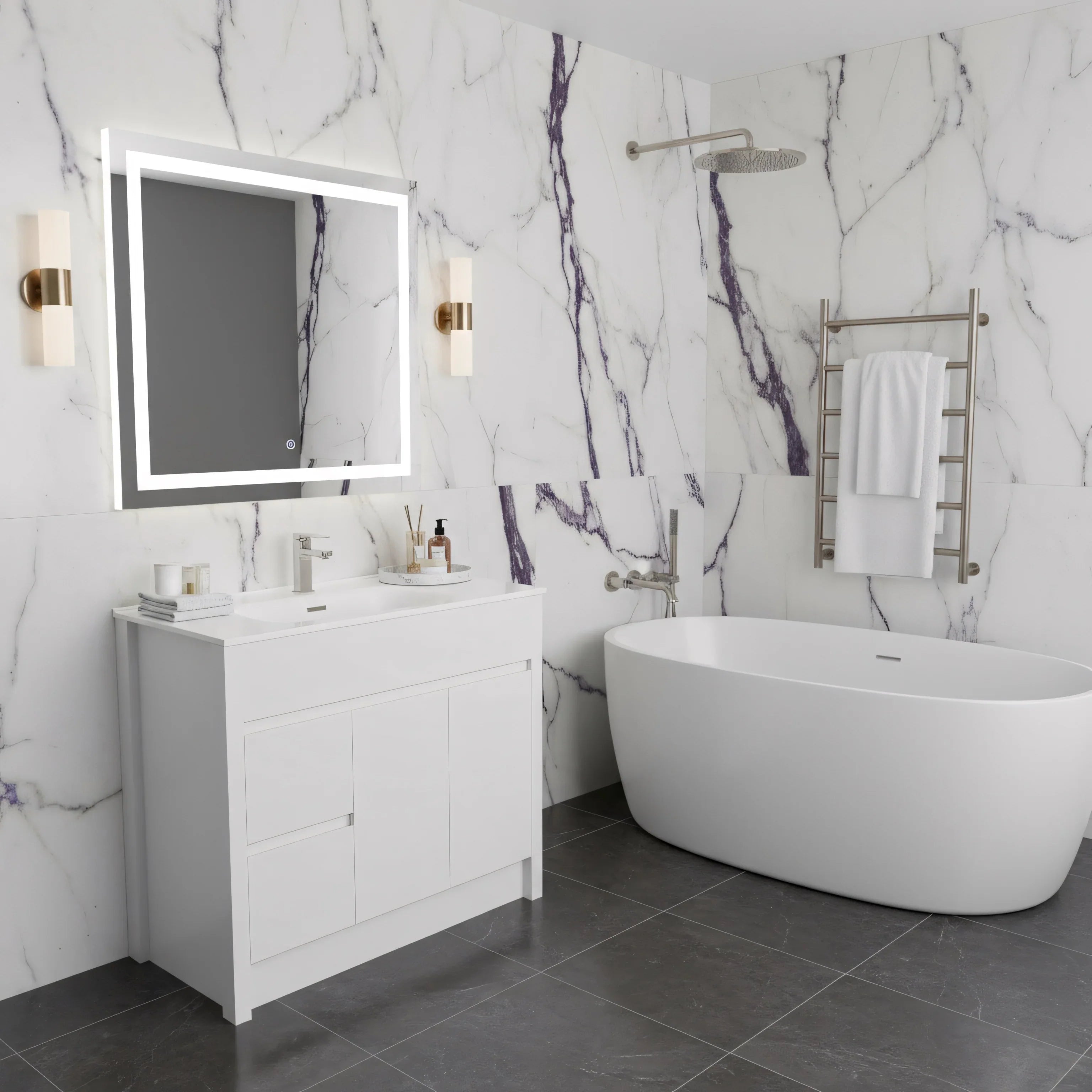 40" Matte White Freestanding Single Sink Bathroom Vanity with White Ceramic Countertop