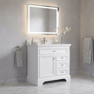 36" White Freestanding Single Sink Bathroom Vanity with Snow White Countertop