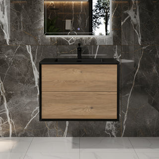 30" Black & Rough Oak Wall Mount Vanity with Black Engineered Quartz Countertop
