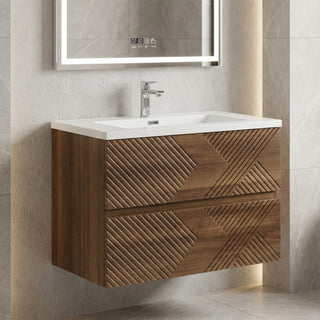 30" Walnut Wall Mount Single Sink Bathroom Vanity with White Polymarble Countertop
