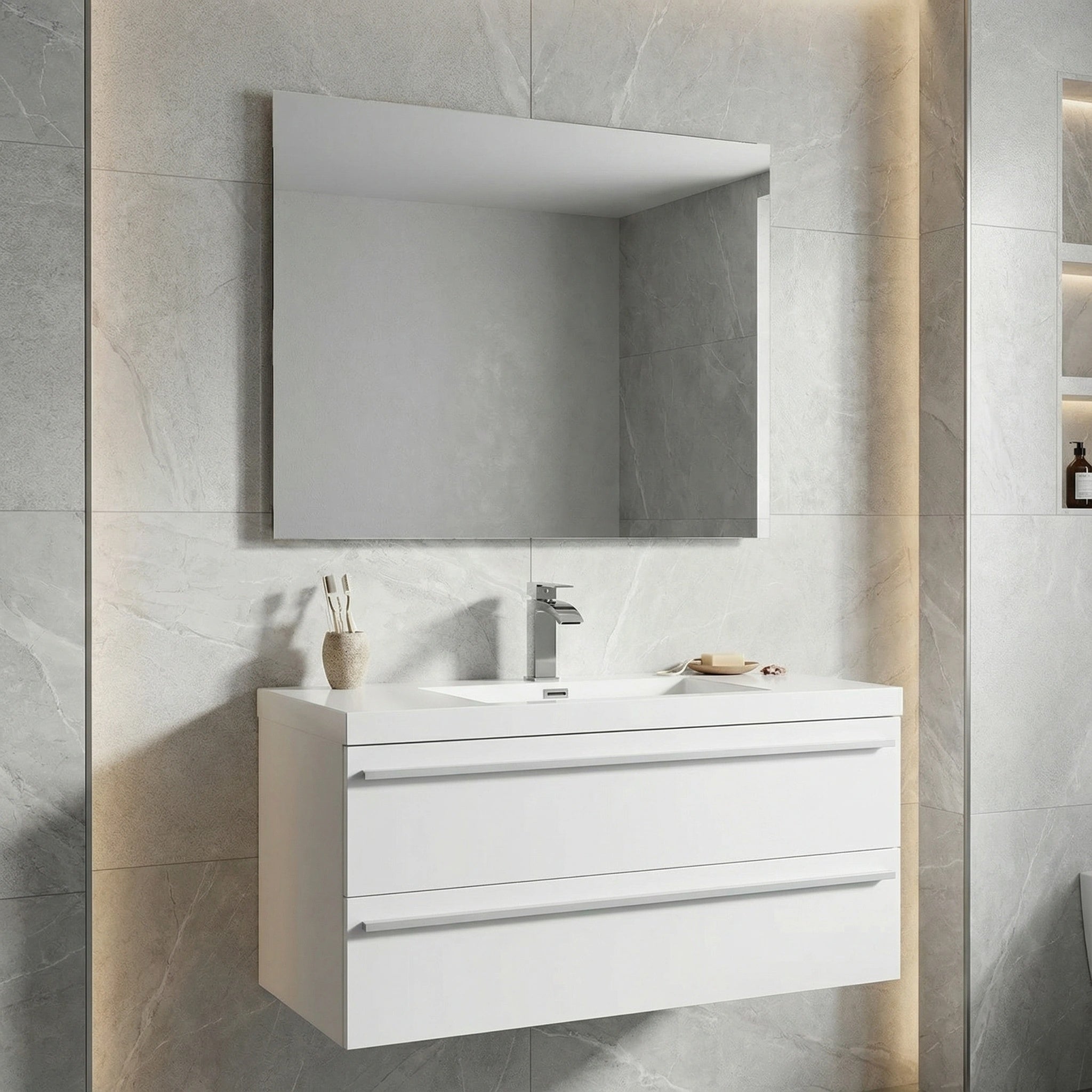 42" White Wall Mount Bathroom Vanity with White Polymarble Countertop