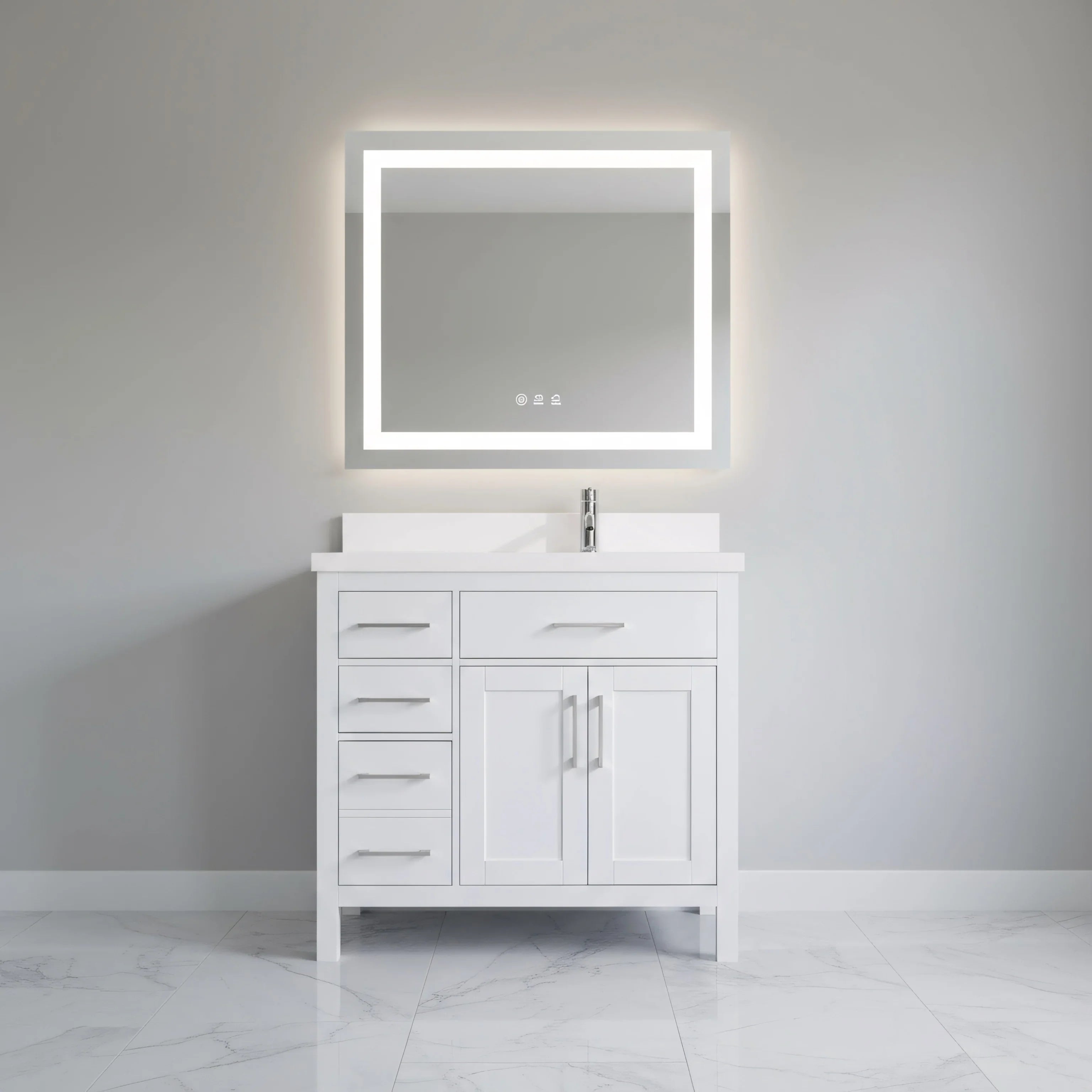 36" White Freestanding Single Sink Bathroom Vanity with Snow White Quartz Countertop