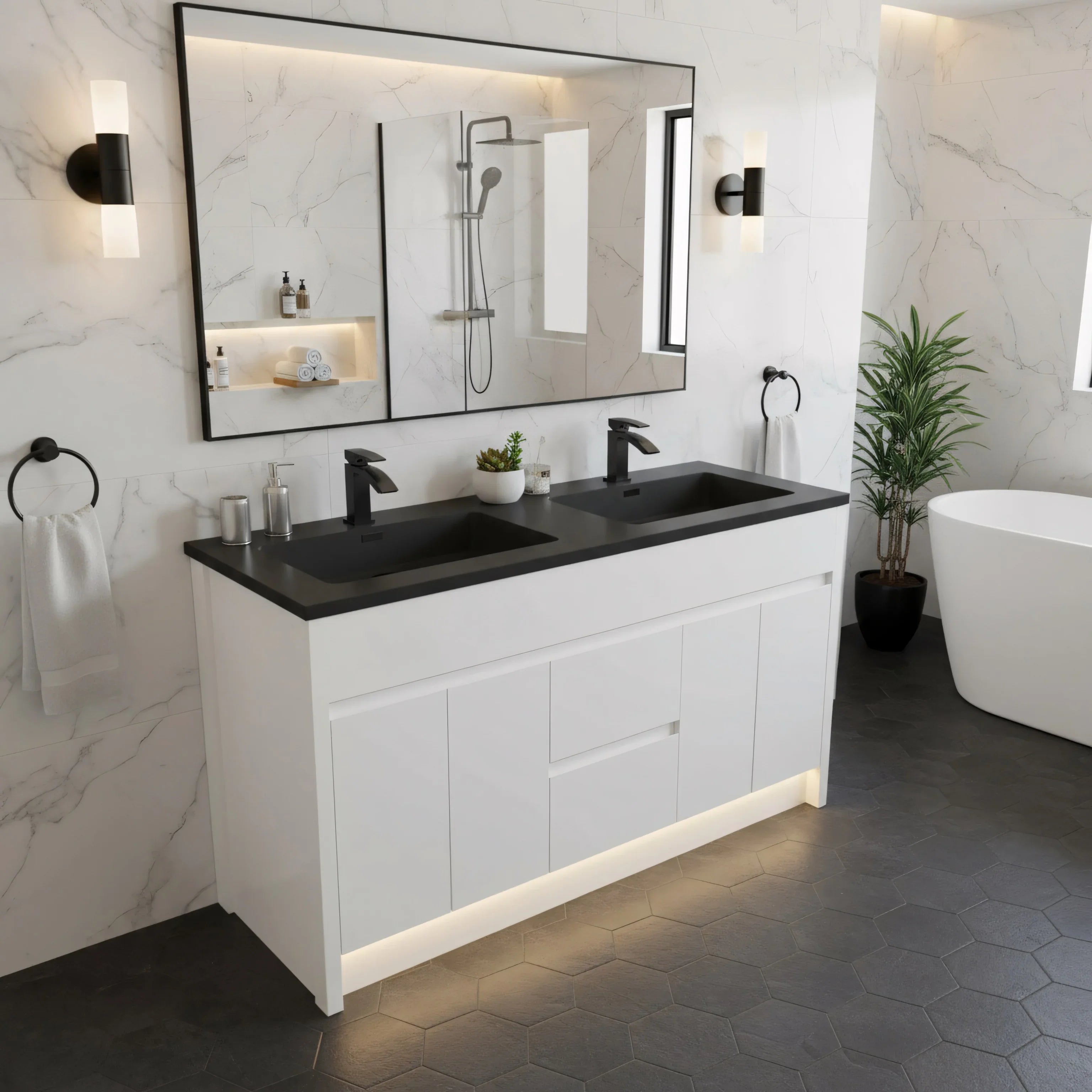 60" Matte White Freestanding Double Sink Bathroom Vanity with Black Engineered Quartz Countertop