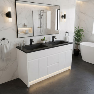 60" Matte White Freestanding Double Sink Bathroom Vanity with Black Engineered Quartz Countertop