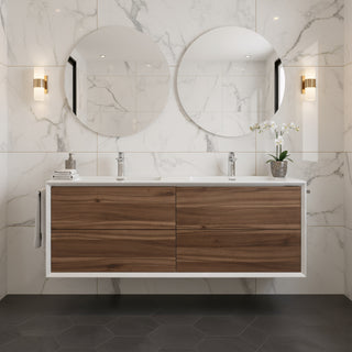 Meuble-lavabo double mural en noyer de 60" avec Comptoir en polymarbre blanc Fleur