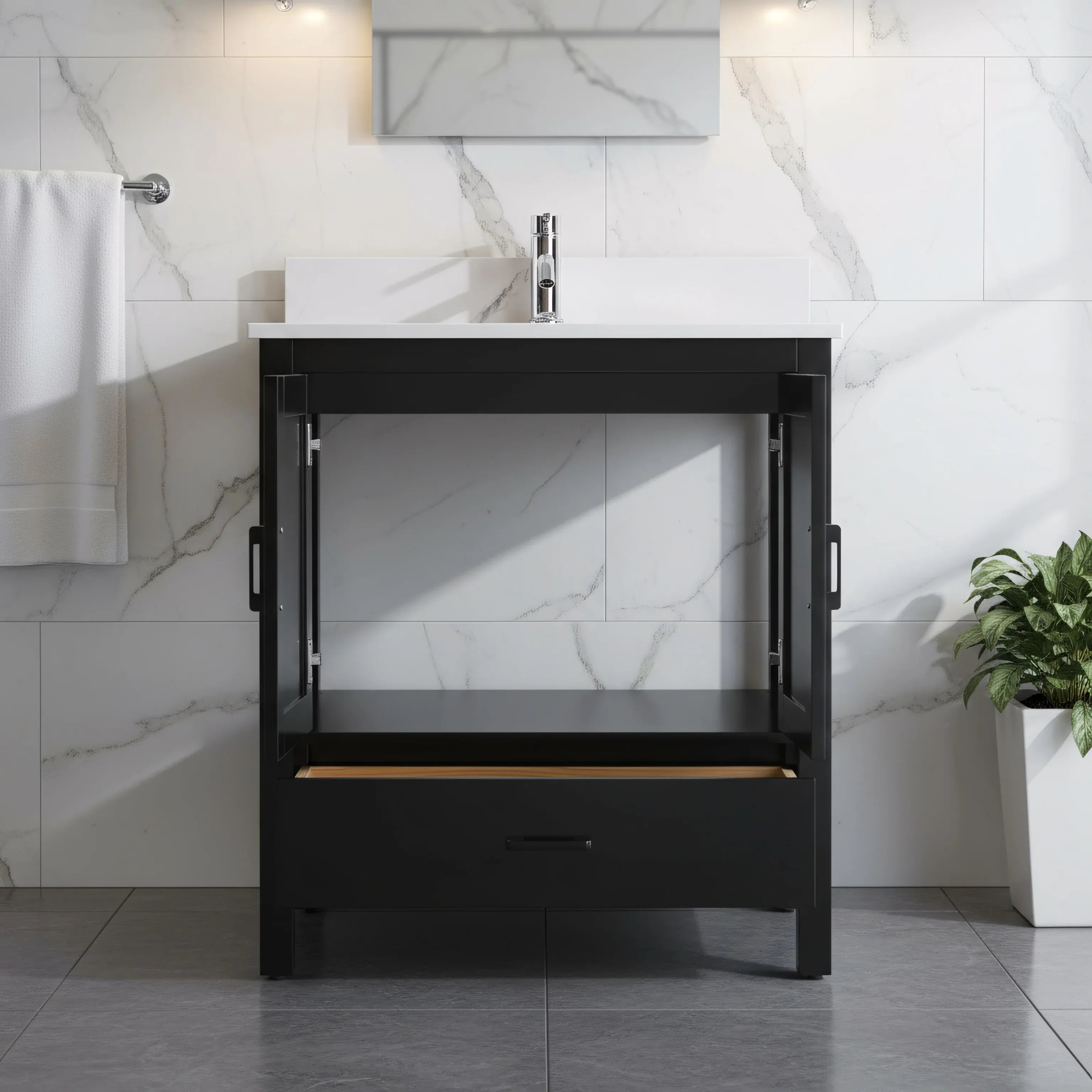 Meuble-Lavabo Autoportant 30po Noir avec Comptoir de Polymarbre Ingénierie Calcutta