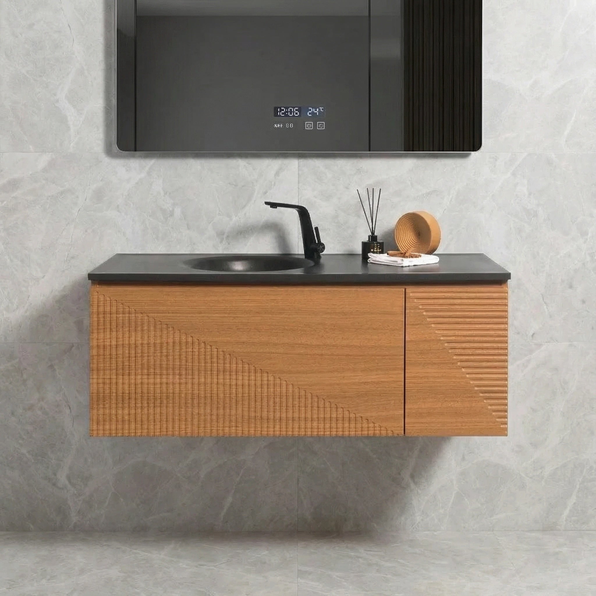Meuble-Lavabo Mural 48po Chêne Clair avec Comptoir de Quartz d'ingénierie Noir