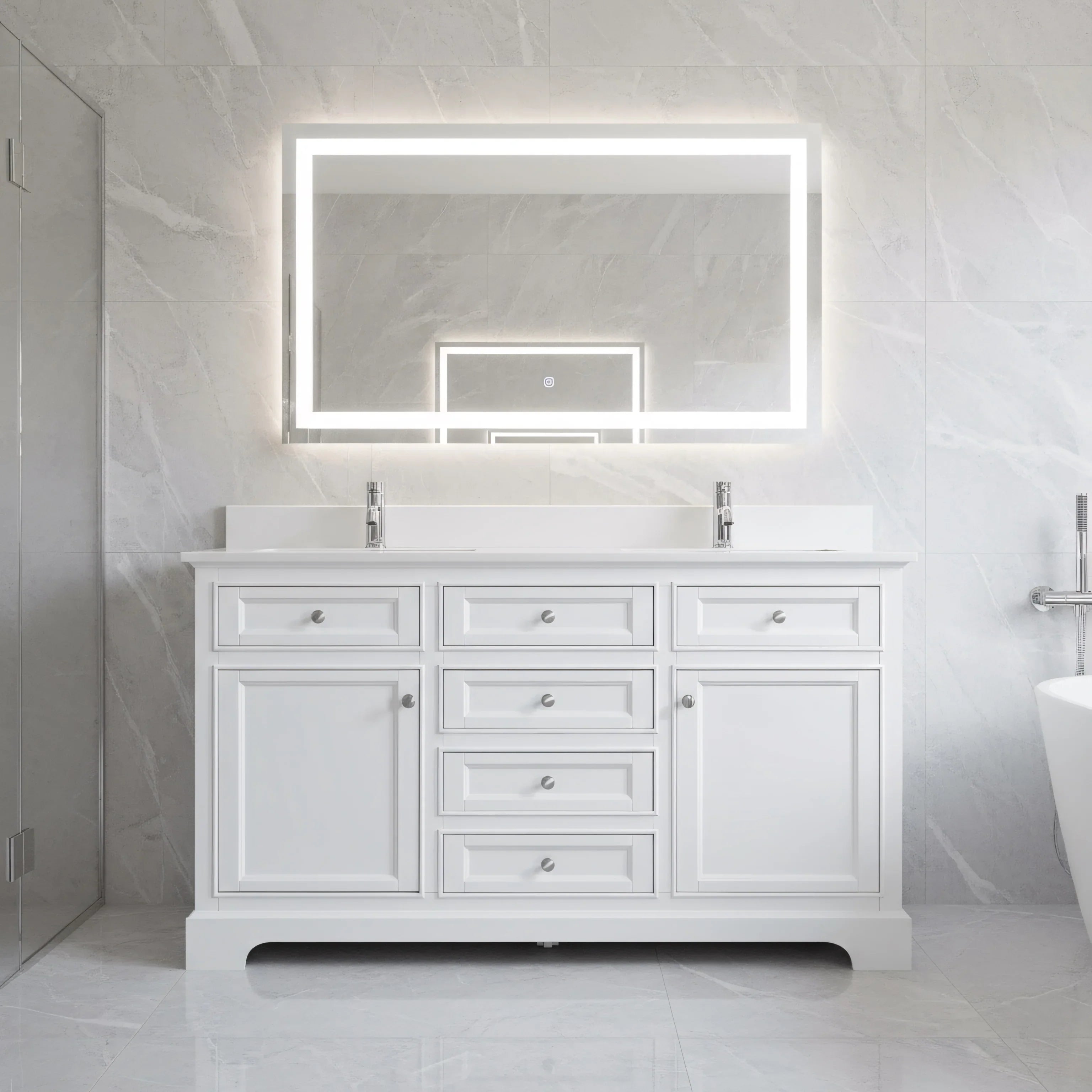 60" White Freestanding Double Sink Bathroom Vanity with Solid White Quartz Countertop