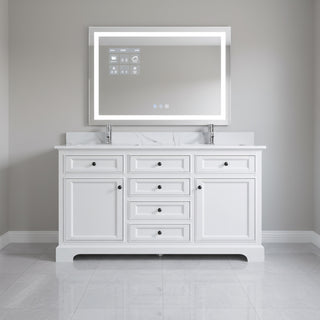 60" White Freestanding Double Sink Bathroom Vanity with Engineered Calcutta Marble Countertop