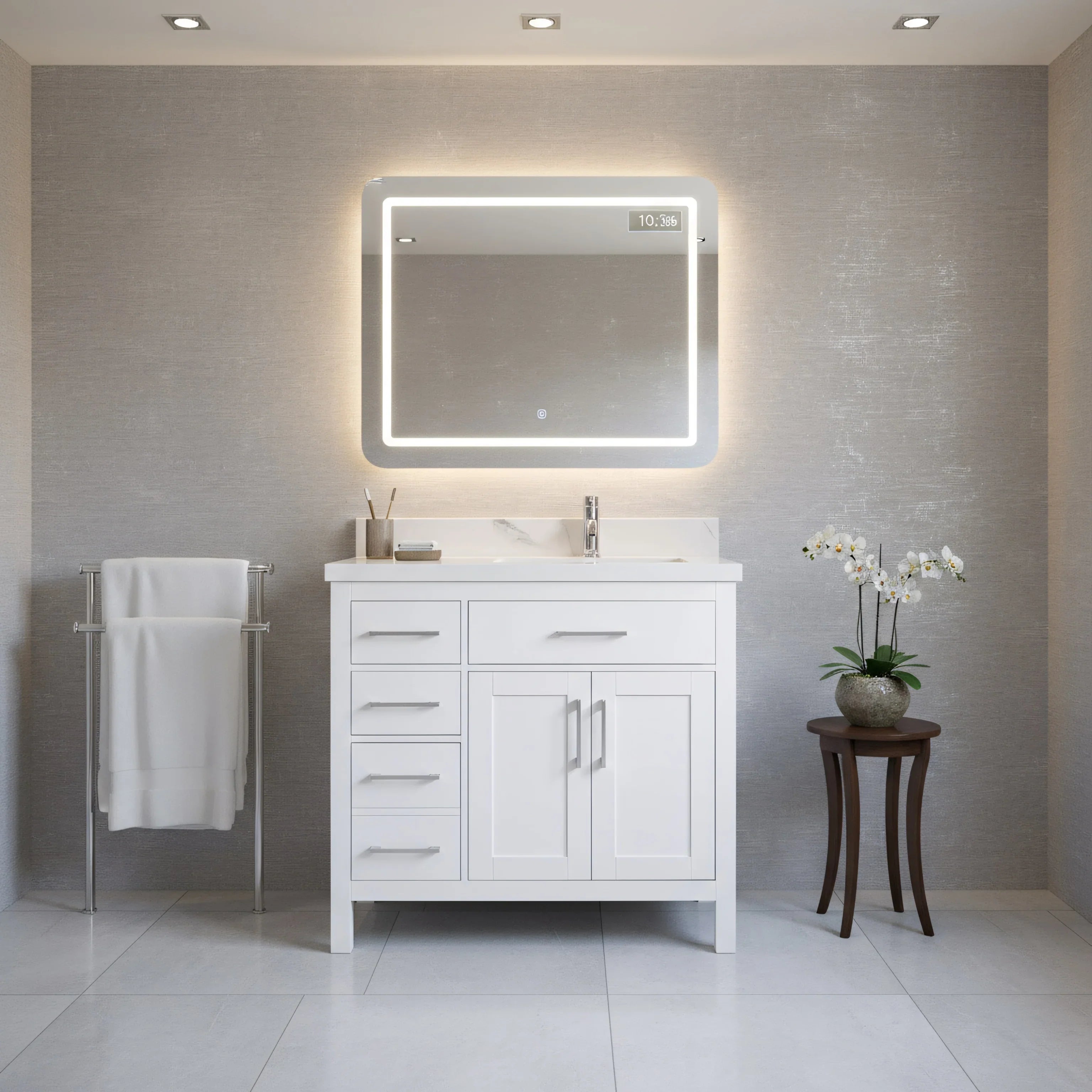 Meuble-Lavabo Autoportant 36po Blanc avec Comptoir de Marbre Ingénierie Calcutta