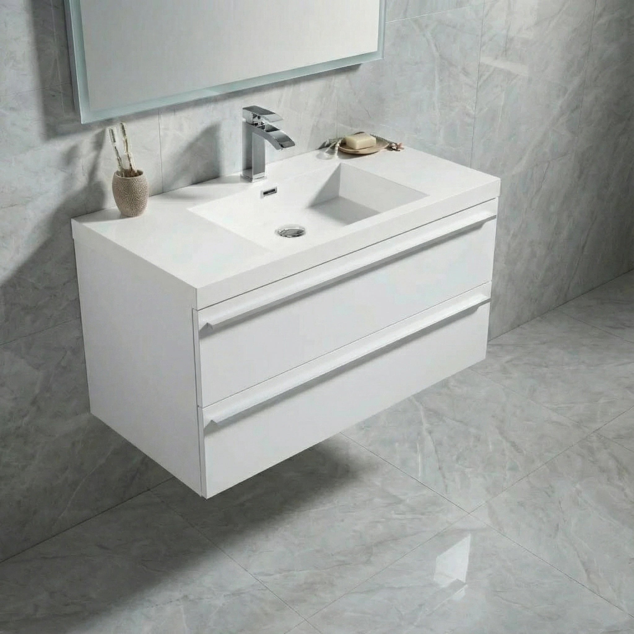 Meuble-Lavabo Mural Blanc de 36 po avec Comptoir en Polymarbre Blanc