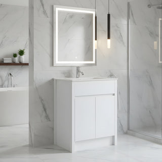 Meuble-Lavabo Autoportant 30po Chêne Blanc avec Comptoir de Céramique Blanc