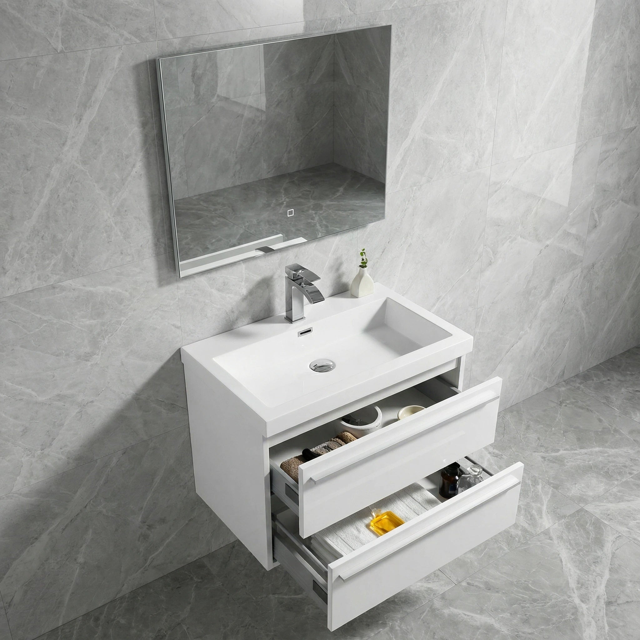 Meuble-lavabo mural blanc 24" avec Comptoir en polymarbre blanc