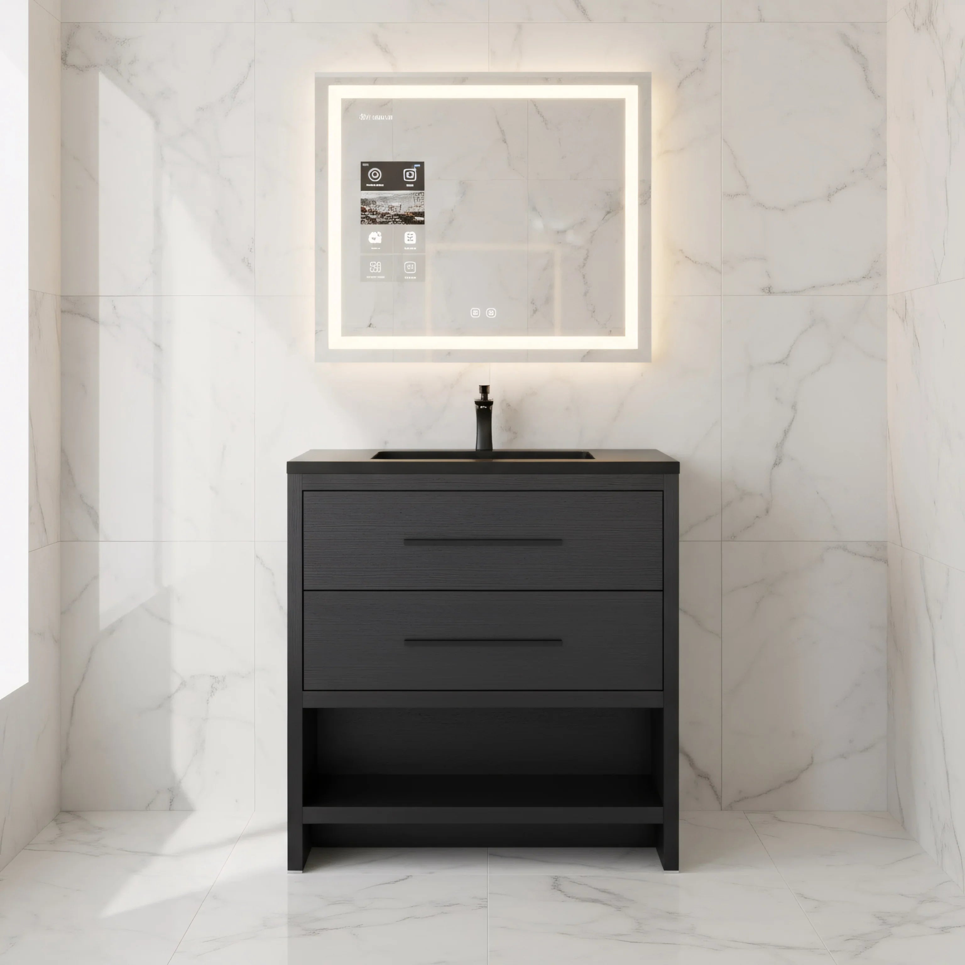 30" Black Oak Freestanding Single Sink Bathroom Vanity with Black Engineered Quartz Countertop