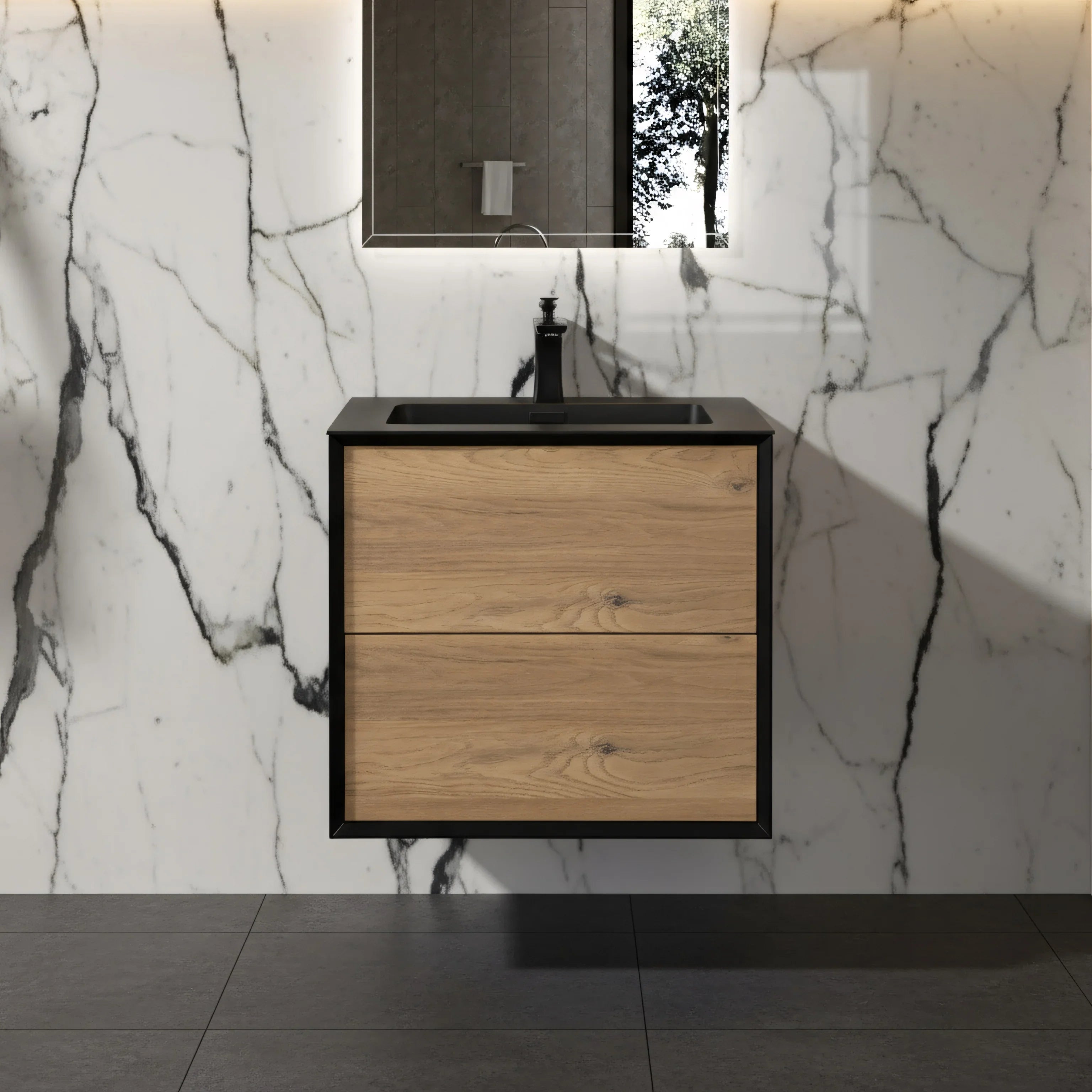 24" Black & Rough Oak Wall Mount Bathroom Vanity with Black Engineered Quartz Countertop