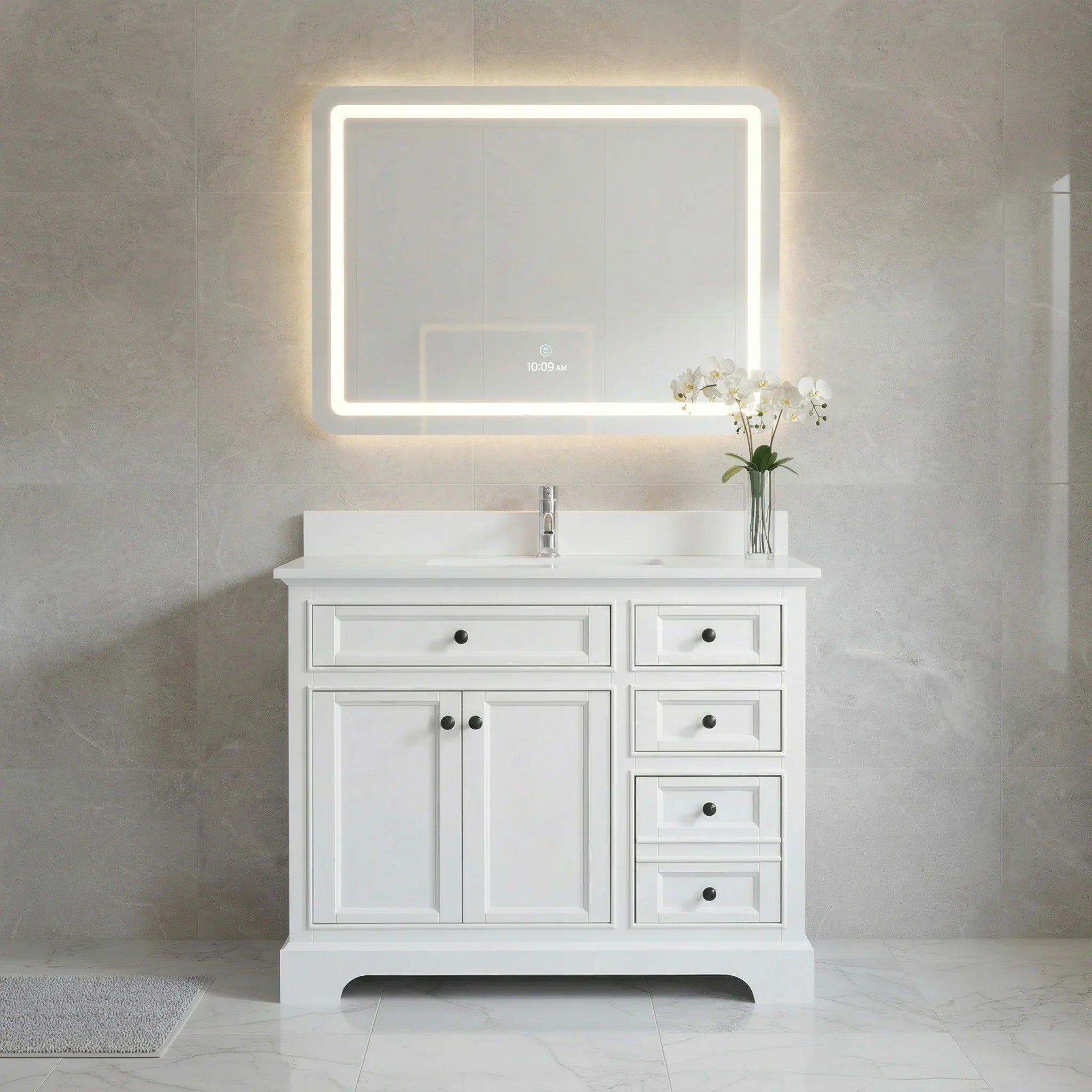 42" White Freestanding Single Sink Bathroom Vanity with Engineered White Marble Countertop