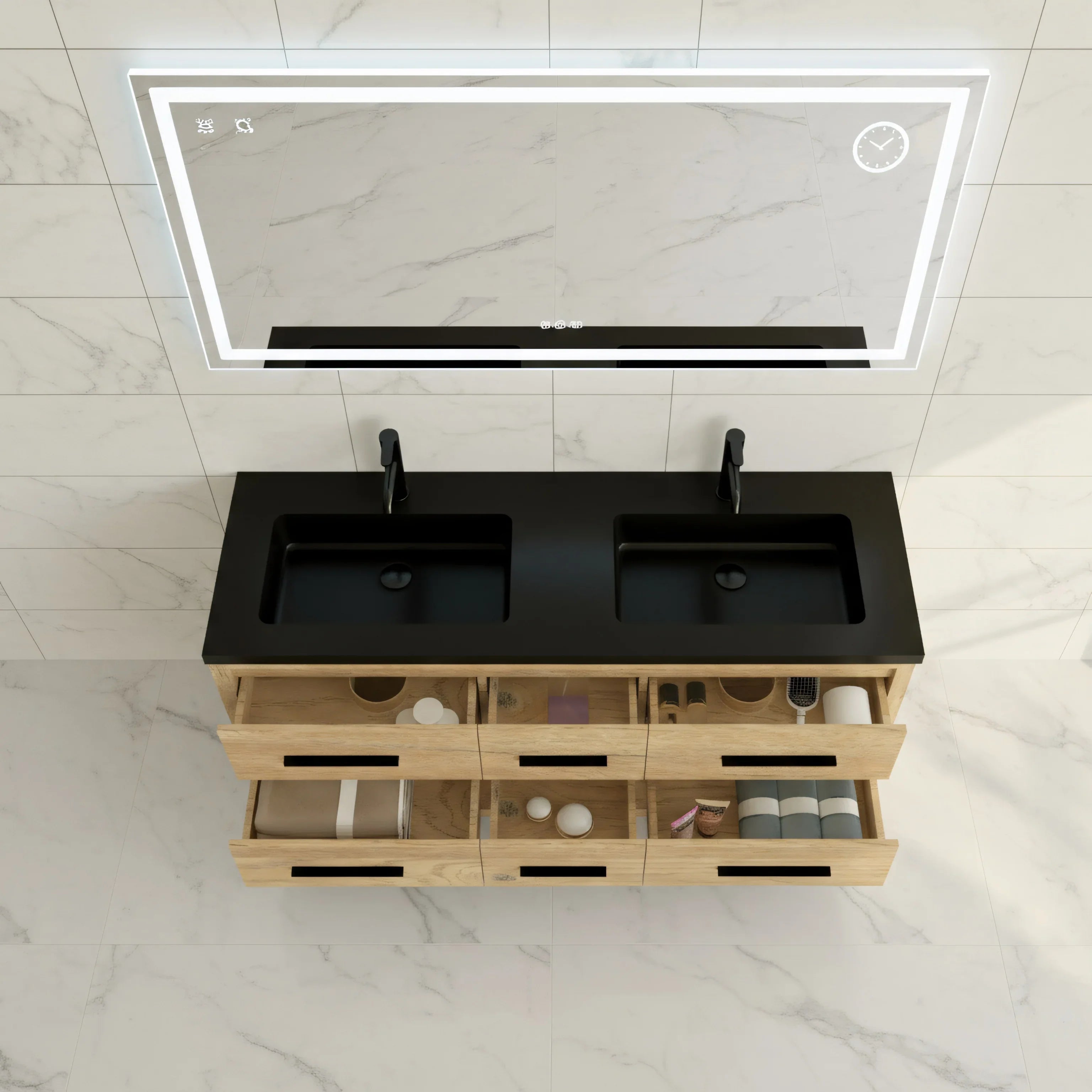 60" Rough Oak Freestanding Double Sink Bathroom Vanity with Black Engineered Quartz Countertop