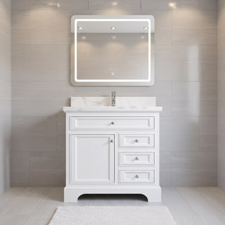 36" White Freestanding Single Sink Bathroom Vanity with Calcutta Quartz Countertop