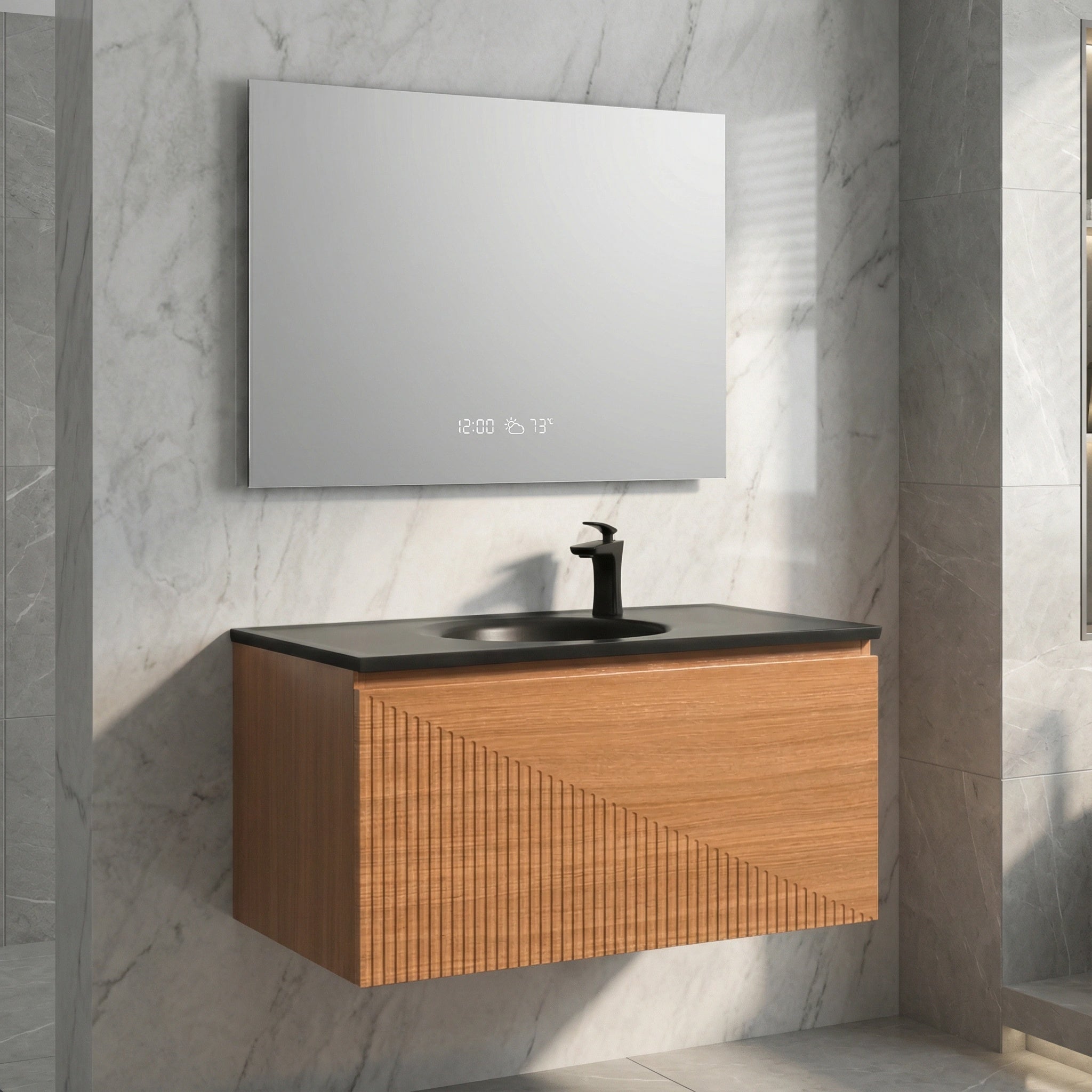 Meuble-Lavabo Mural 36po Chêne Clair avec Comptoir de Quartz d'ingénierie Noir