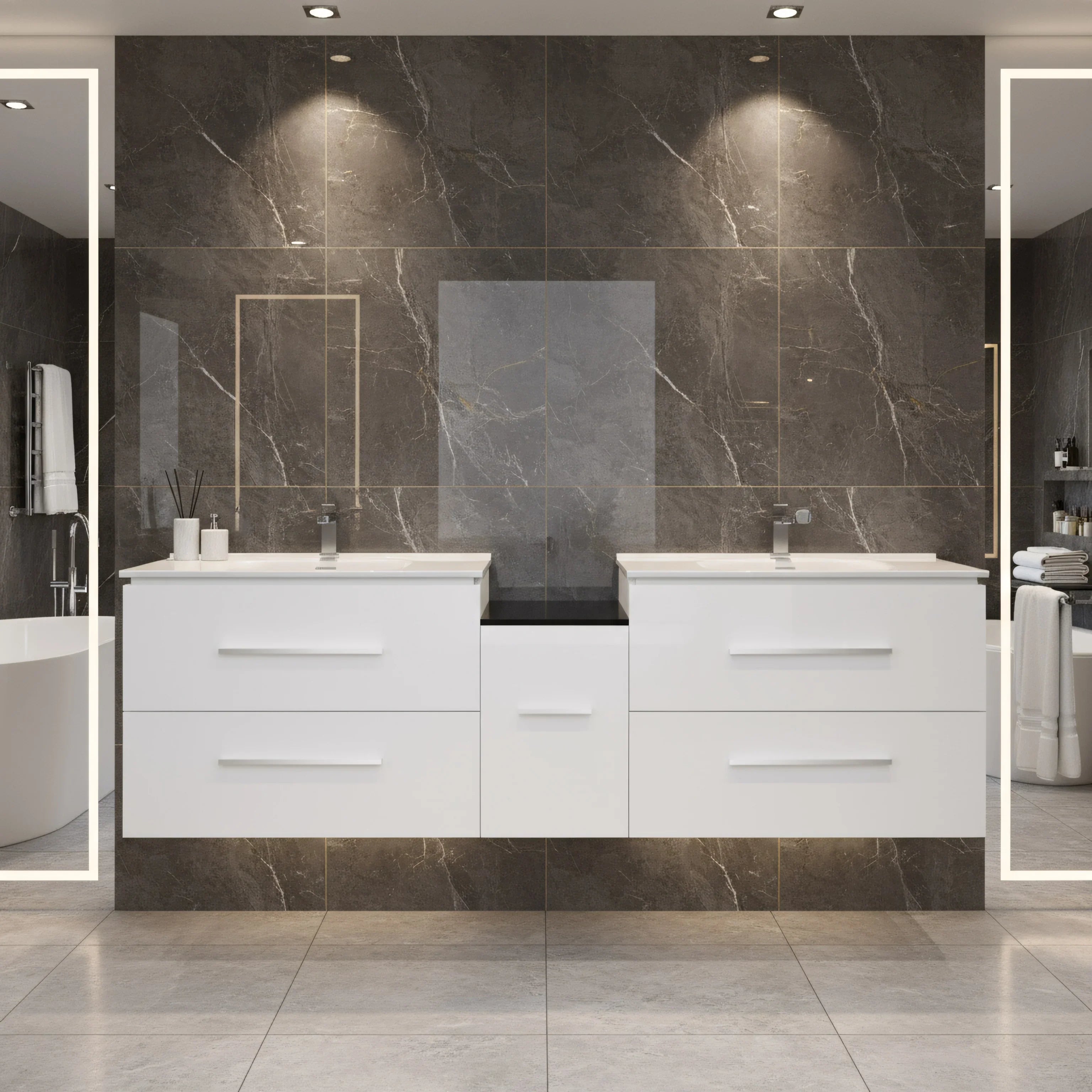 60" Matte White Wall Mount Double Sink Bathroom Vanity with White Ceramic Countertop