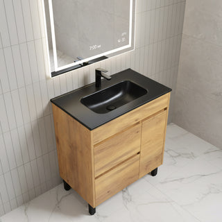 30" Frosted Oak Freestanding Single Sink Bathroom Vanity with Black Ceramic Countertop