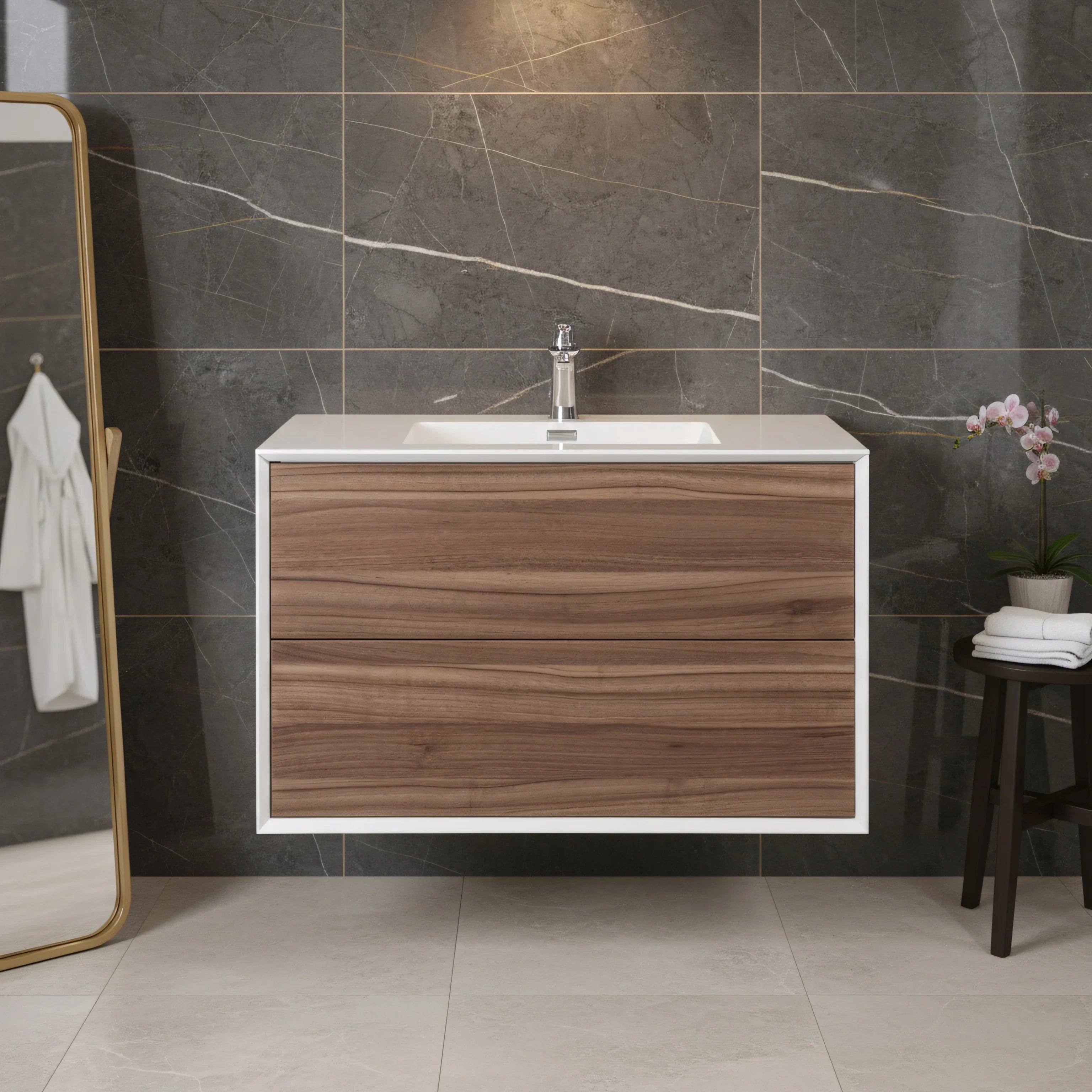Meuble-lavabo mural en noyer de 36" avec Comptoir en polymarbre blanc