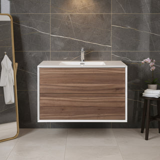 Meuble-lavabo mural en noyer de 36" avec Comptoir en polymarbre blanc