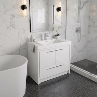 Meuble-Lavabo Autoportant 36po Blanc Brillant avec Comptoir de Polymarbre Blanc 