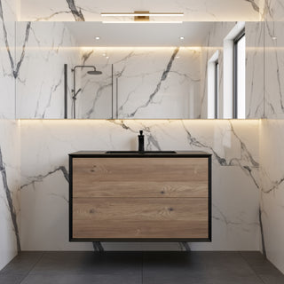 Meuble-Lavabo Mural 36po Noir et Chêne Brut avec Comptoir de Quartz d'ingénierie Noir
