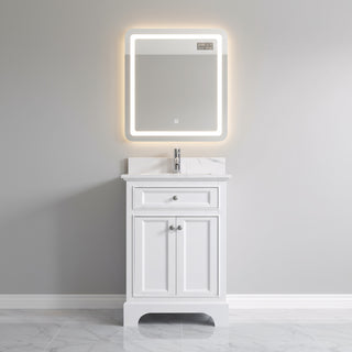24" White Freestanding Single Sink Bathroom Vanity with Engineered Calcutta Marble Countertop