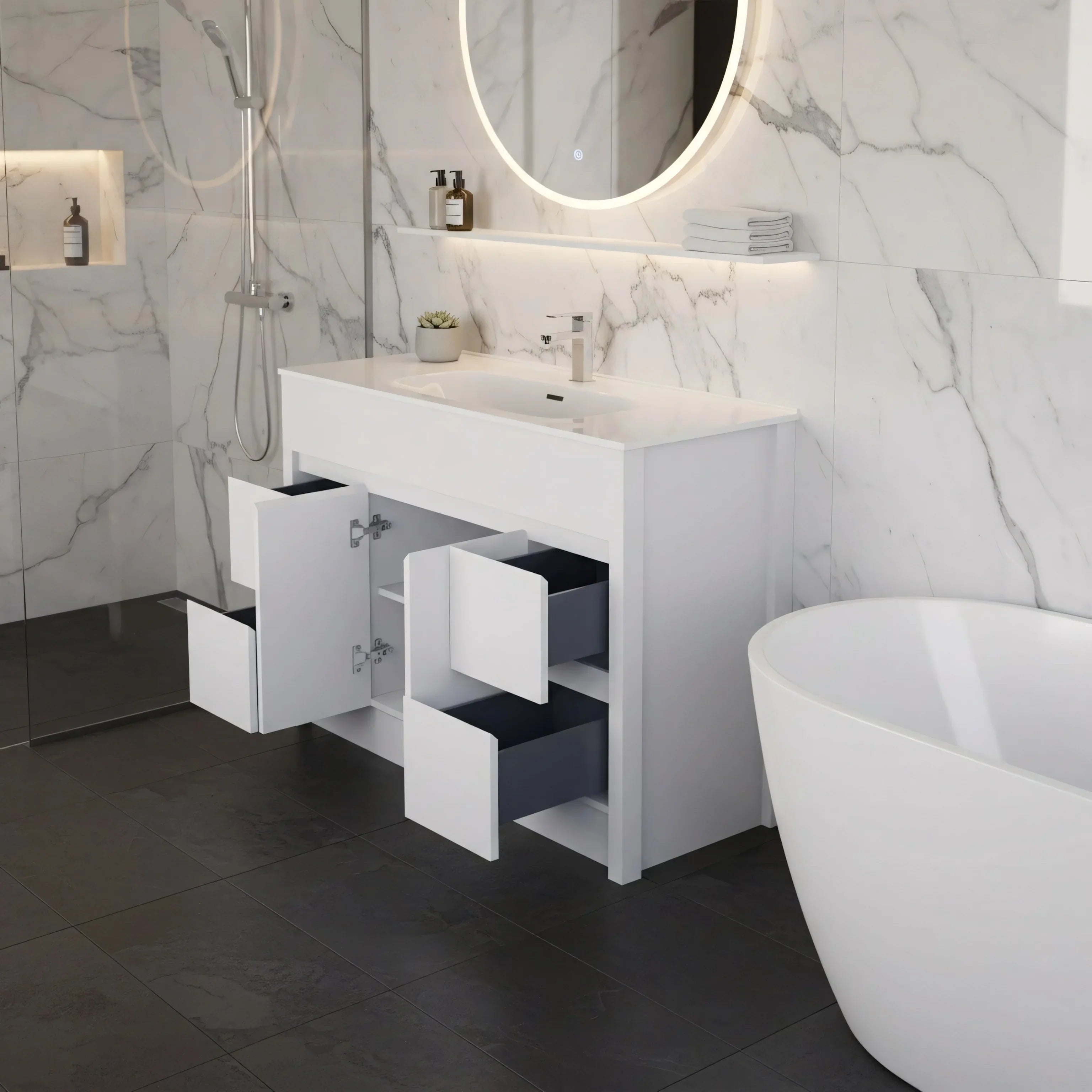 Meuble-Lavabo Autoportant 48po Blanc Mat avec Comptoir de Céramique Blanc