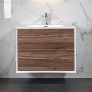 30" Walnut Wall Mount Vanity with White Polymarble Countertop