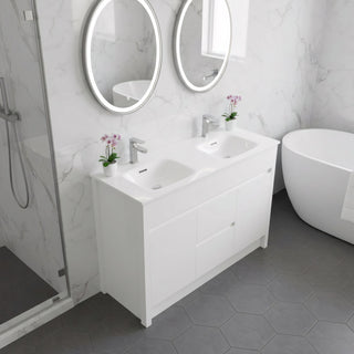 48" Matte White Freestanding Double Sink Bathroom Vanity with White Ceramic Countertop