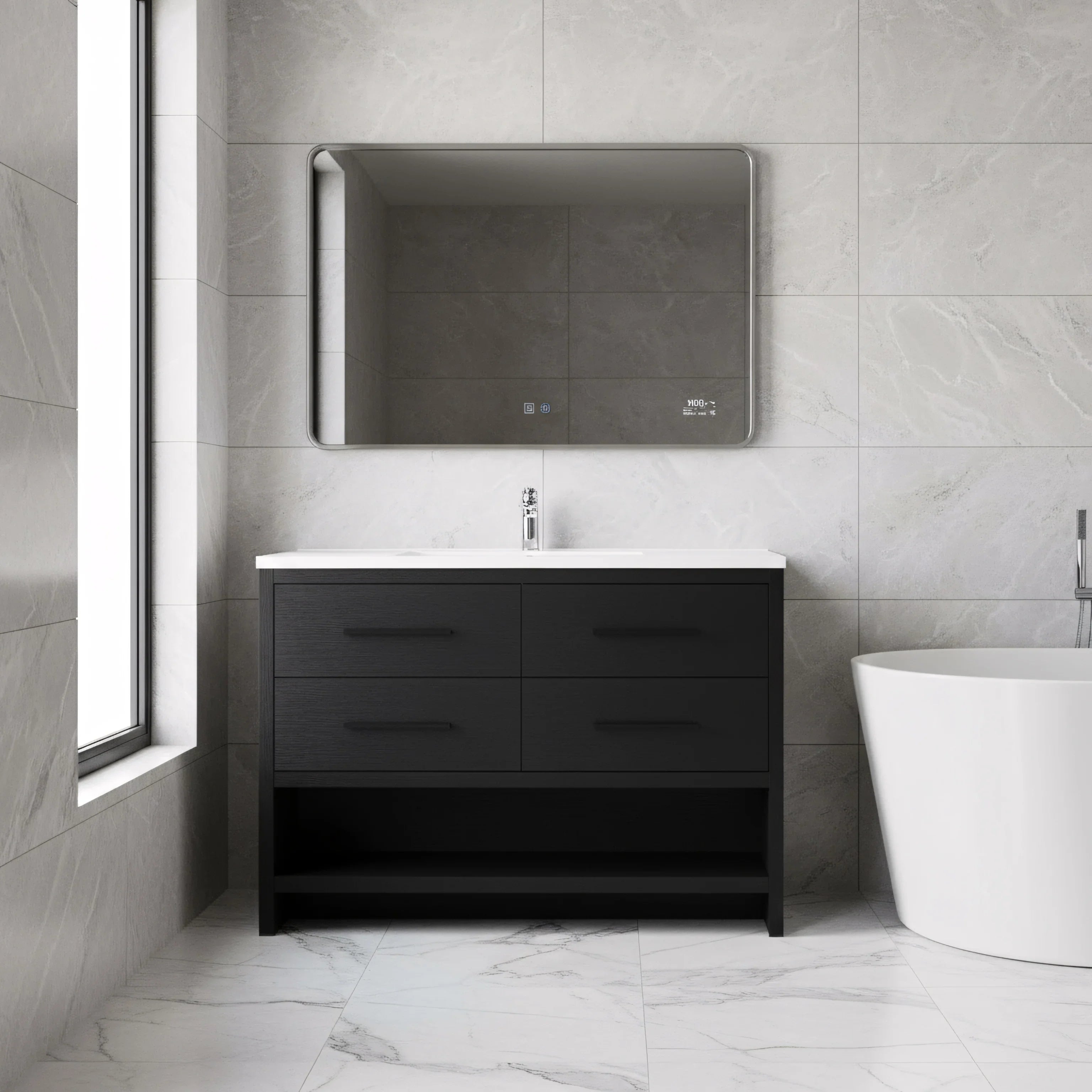 Meuble-lavabo autoportant noir en chêne brut de 48" avec Comptoir en polymarbre blanc