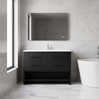 48" Black Rough Oak Freestanding Bathroom Vanity with White Polymarble Countertop