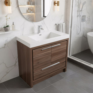 36" Walnut Freestanding Bathroom Vanity with White Polymarble Countertop