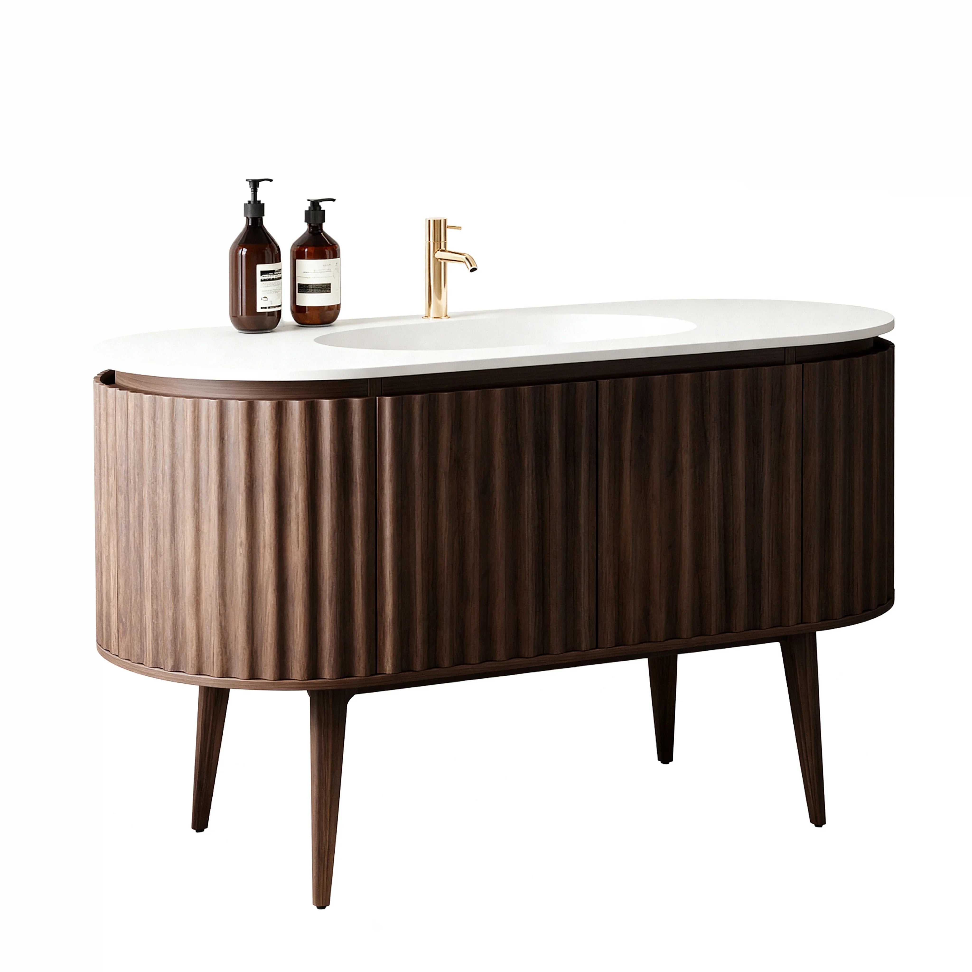 Meuble-lavabo 48 po en noyer courbé et cannelé - Comptoir blanc mat