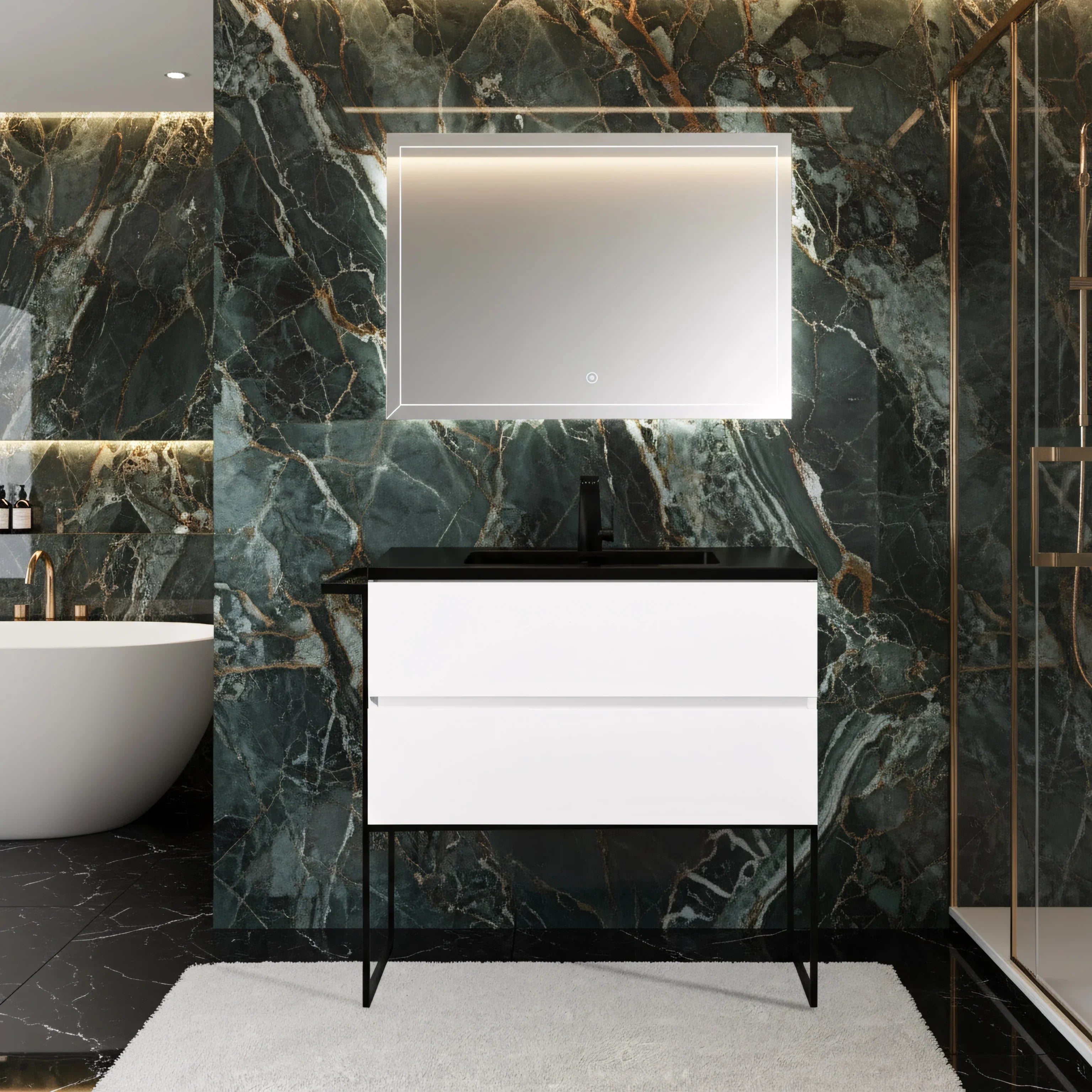 36" White Wall Mount Bathroom Vanity with Black Engineered Quartz Countertop