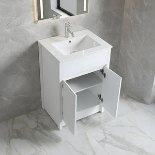 Meuble-Lavabo Autoportant 24po Chêne Blanc avec Comptoir de Céramique Blanc