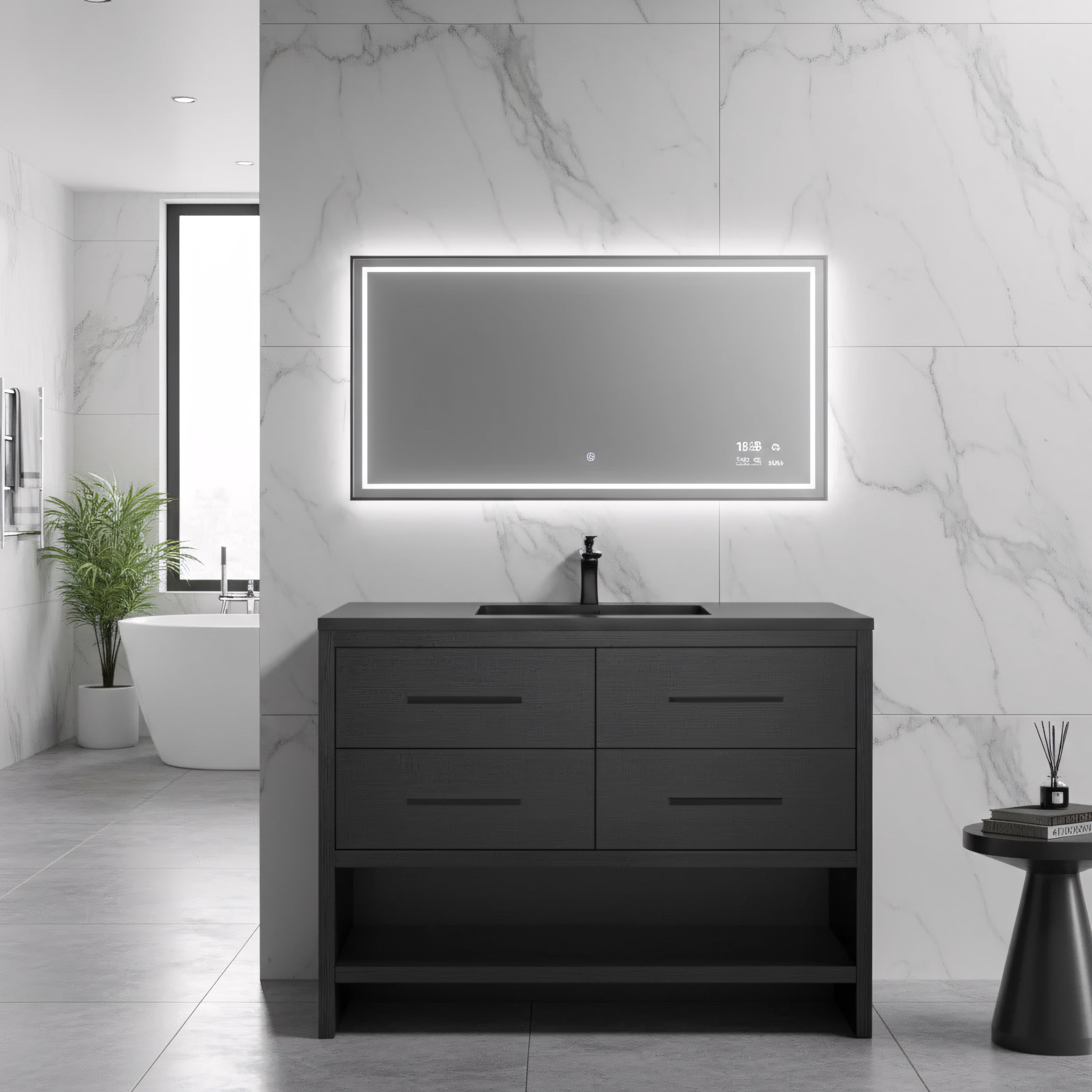 48" Black Rough Oak Freestanding Bathroom Vanity with Black Engineered Quartz Countertop