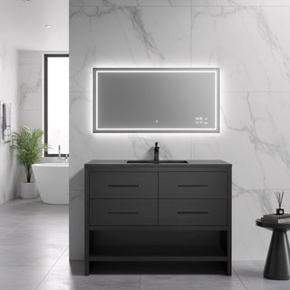 48" Black Rough Oak Freestanding Bathroom Vanity with Black Engineered Quartz Countertop