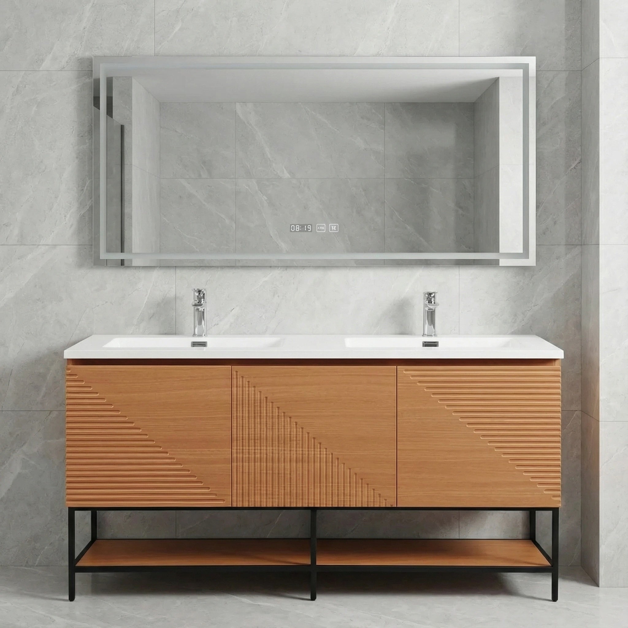 60" Light Oak Wall-Mounted Double Sink Bathroom Vanity with White Polymarble Countertop