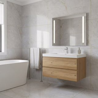 36" Rough Oak Wall Mount Bathroom Vanity with White Polymarble Countertop