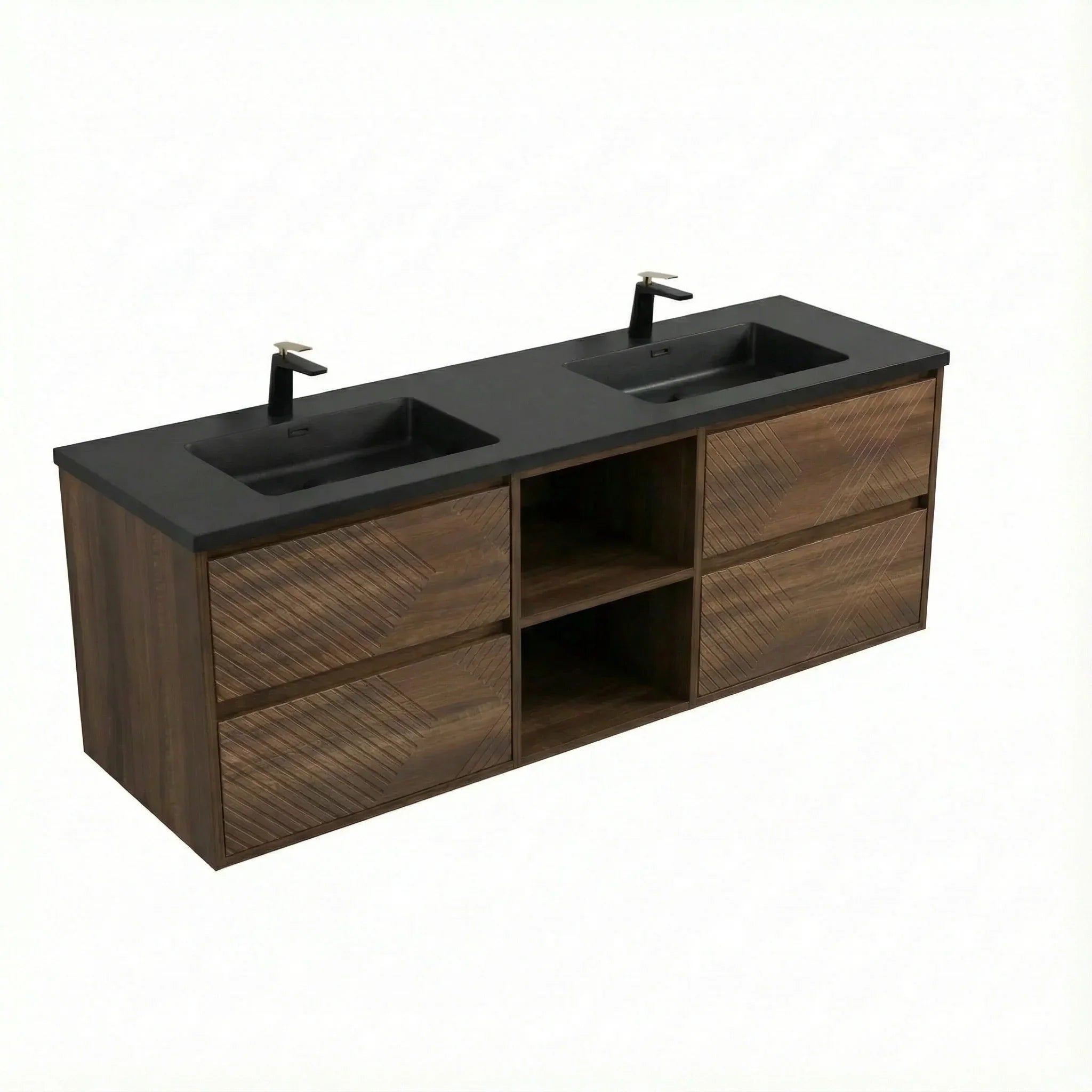 72" Walnut Wall Mount Double Sink Bathroom Vanity with Black Engineered Quartz Countertop